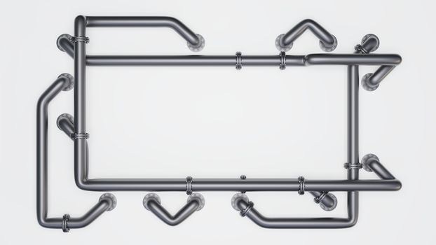A rectangular banner with an empty space in the middle is entangled in pipes with flanges. Industrial concept. Metal pipes, white background and shadow, 3D rendering