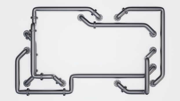 A rectangular banner with an empty space in the middle is entangled in pipes with flanges. Industrial concept. Metal pipes, white background and shadow, 3D rendering