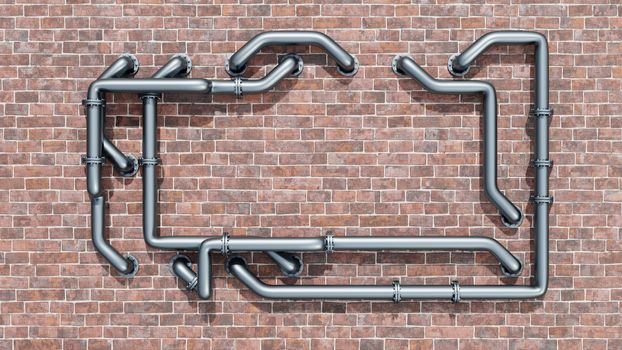 Empty space on a red brick wall is entangled in metal pipes. Daylight 3D illustration. Advertising banner or poster