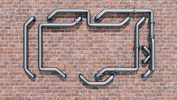Empty space on a red brick wall is entangled in metal pipes. Daylight 3D illustration. Advertising banner or poster