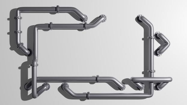 A rectangular banner with an empty space in the middle is entangled in pipes with flanges. Industrial concept. Metal pipes, white background and shadow, 3D rendering