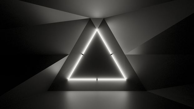 Abstract geometry lit by a neon white triangle lamp. Soft shadows. 3D illustration. The vanishing point of the wall geometry in the center of the image on the triangle