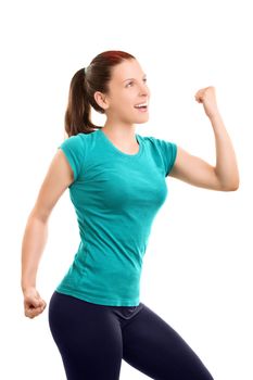A portrait of a beautiful happy sporty fit young girl flexing her arm and cheering, isolated on white background. Healthy lifestyle concept. Freedom, happiness, relaxation concept.