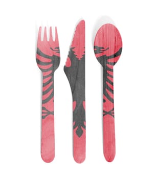 Eco friendly wooden cutlery - Plastic free concept - Isolated - Flag of Albania