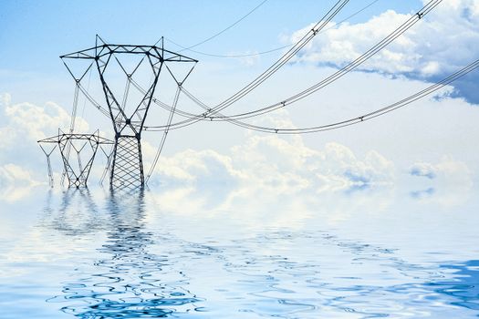 an high-voltage pylon in the middle of the water