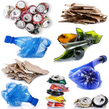 Recyclable waste collage on white background
