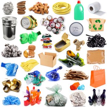 Recyclable waste collage on white background