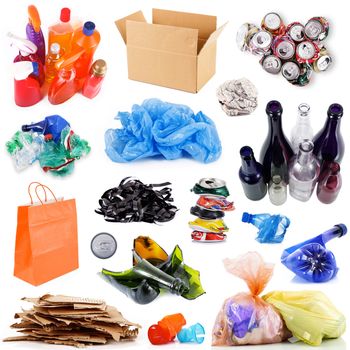 Recyclable waste collage on white background