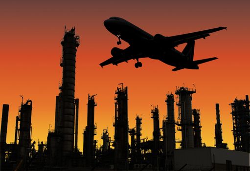 an airplane flying over a refinery