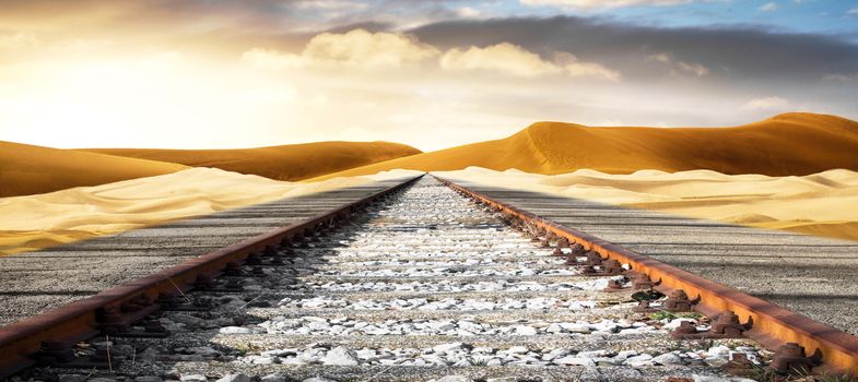 Train rails in desert landscape