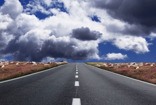 a fantastic desert road with clouds