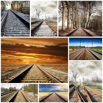 Train rails in many landscape collage