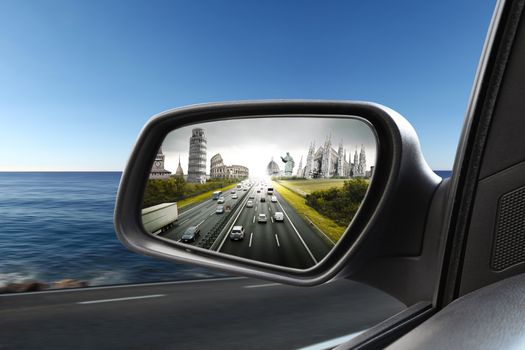 Reflected road in rearview mirror