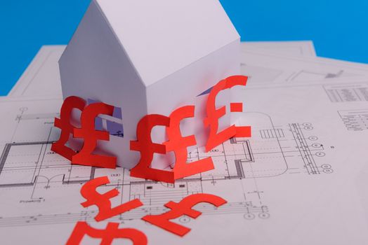 White family paper house , british pound money symbol , house projects plan and blueprints on mint background paper. Minimalistic and simple concept, style. Vertical orientation. View from above. copy space