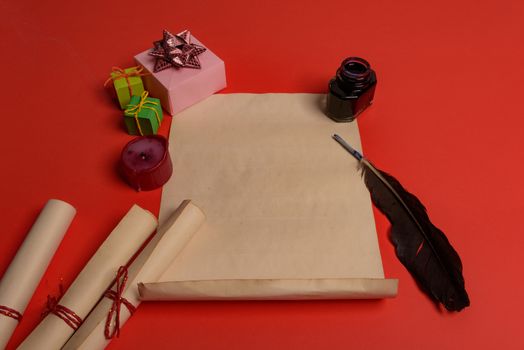 Empty letter for Santa Claus. Copy space. Red background