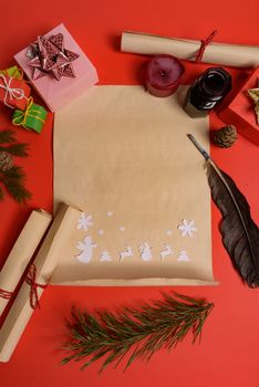 Empty letter for Santa Claus. Copy space. Red background