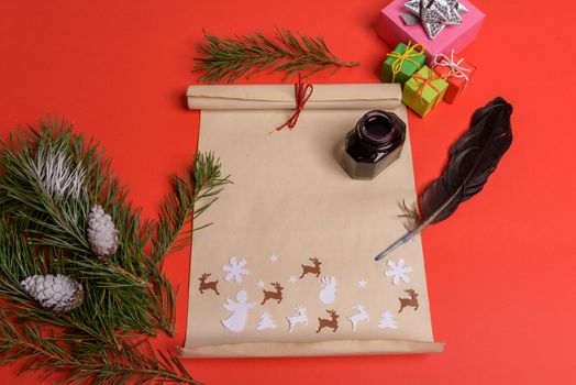 Empty letter for Santa Claus. Copy space. Red background
