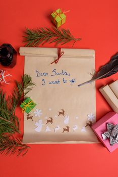 Empty letter for Santa Claus. Copy space. Red background