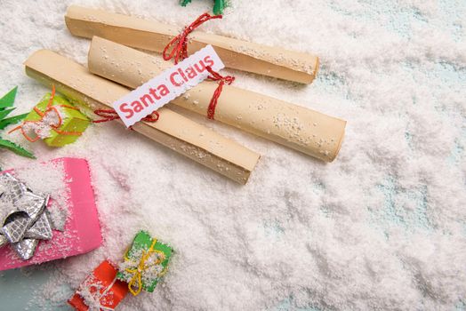 old tied up letters for Santa Claus, view from above.