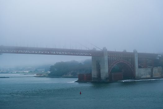 Heavy Fog on Golden Gate Bridge in San Francisco Harbor