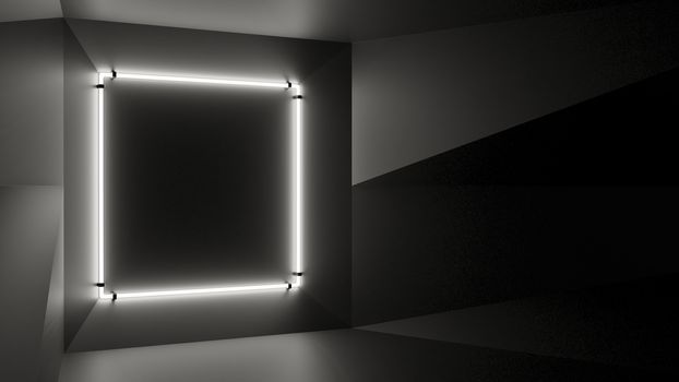 Abstract geometry lit by a neon white square lamp. Soft shadows. 3D illustration. The vanishing point of the wall geometry in the center of the image on the square. Empty advertising space