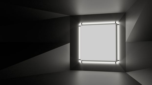 Abstract geometry lit by a neon white square lamp. Soft shadows. 3D illustration. The vanishing point of the wall geometry in the center of the image on the square. Empty advertising space