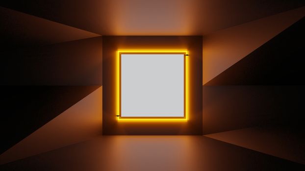 Abstract geometry lit by a neon orange square lamp. Soft shadows. 3D illustration. The vanishing point of the wall geometry in the center of the image on the square. Empty advertising space