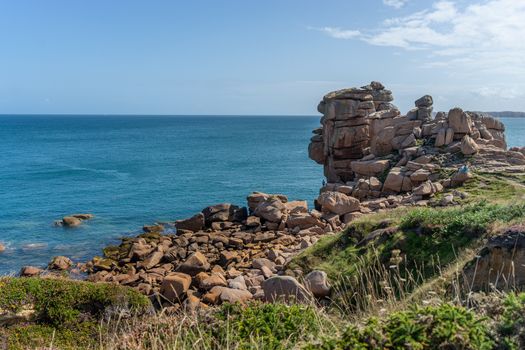 Rose granit sea shore in Britanny travel and hiking