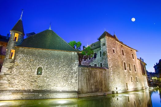 beautiful city of Annecy and its canal in France and moon