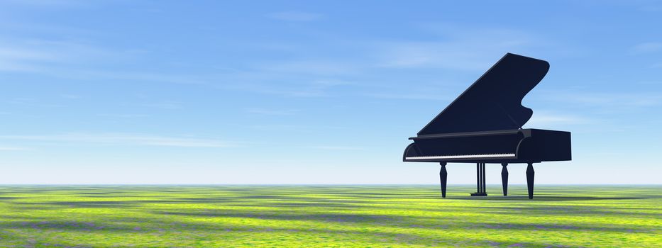 Black piano in the nature with grass by day - 3D render