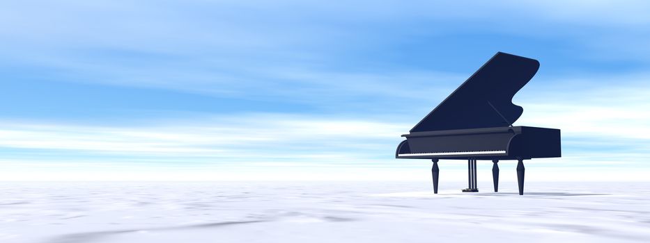 Classical black grand piano in snowy nature by day - 3D render