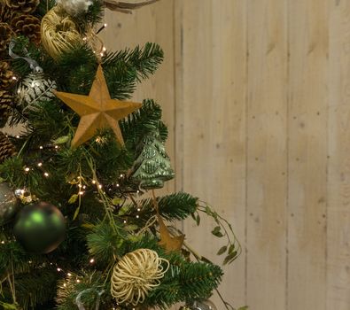 christmas tree border frame with decoartion, green tree balls and star