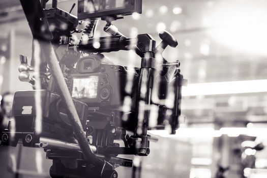 Film industry. Filming with professional camera background