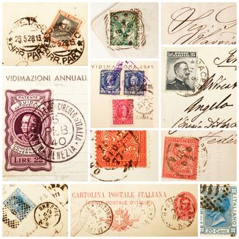 a Collage of old stamps and postal stamps
