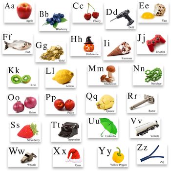 English alphabet with image on white background