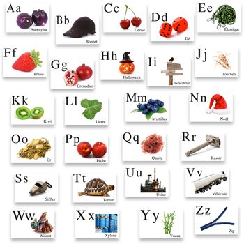 French alphabet with image on white background