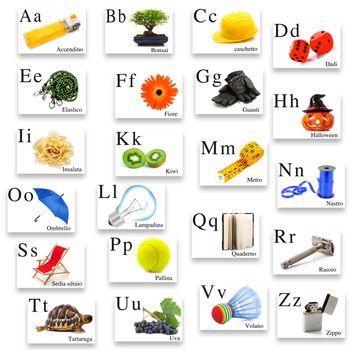 italian alphabet with image on white background