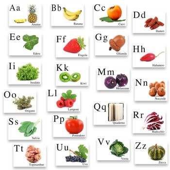italian alphabet with image on white background
