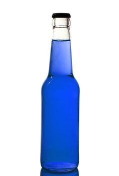 bottle with blue liquid on white background