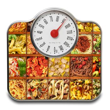 Scales for people with italian pasta on white background