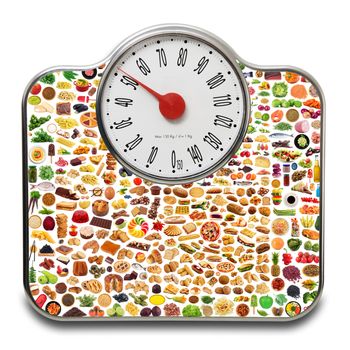 Scales for people with mix food on white background