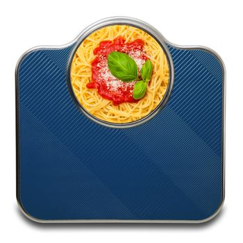 Scales for people with italian pasta on white background