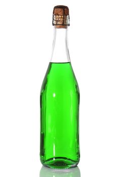 bottle with green liquid on white background