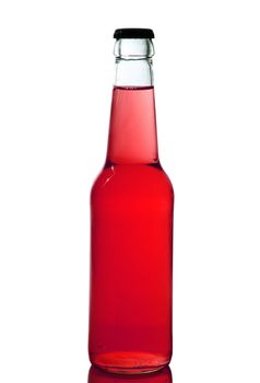 bottle with red liquid on white background