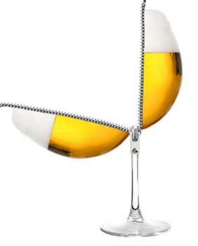 half beer glass on white background