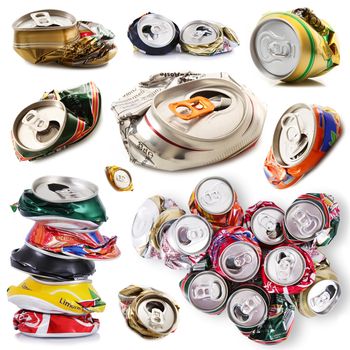 Crushed aluminum can collage on white background