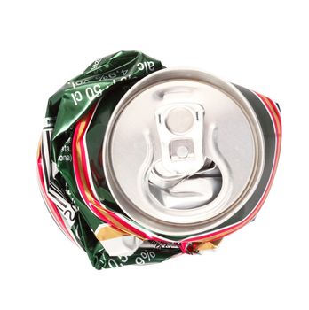 Crushed aluminum can on white background