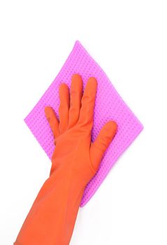 isolated hand with glove and sponge on white background