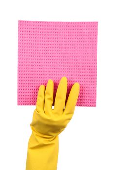 isolated hand with glove and sponge on white background