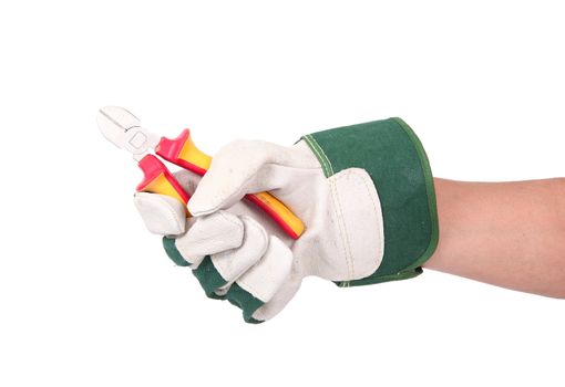 isolated hand held pliers with gloves on white background
